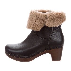 UGG Women's Black Leather Clogs with Tan Shearling